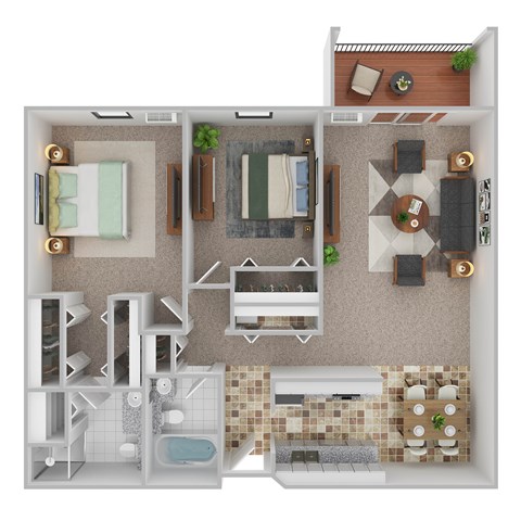Floor plan for 2 beds, 2 baths, 1001 sqft